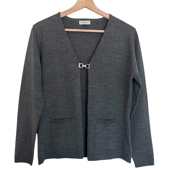 Vintage SALVATORE FERRAGAMO Wool Blend Cardigan Sweater Gancini Logo Gray - Picture 1 of 7